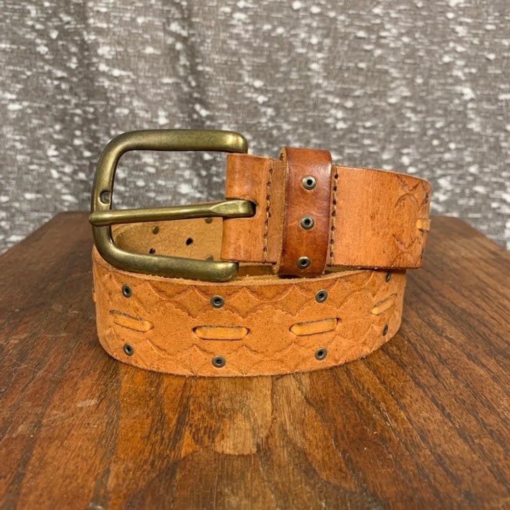 Womens Tan Embossed Leather Belt Brass Buckle Boho Western Whipstitch Detail